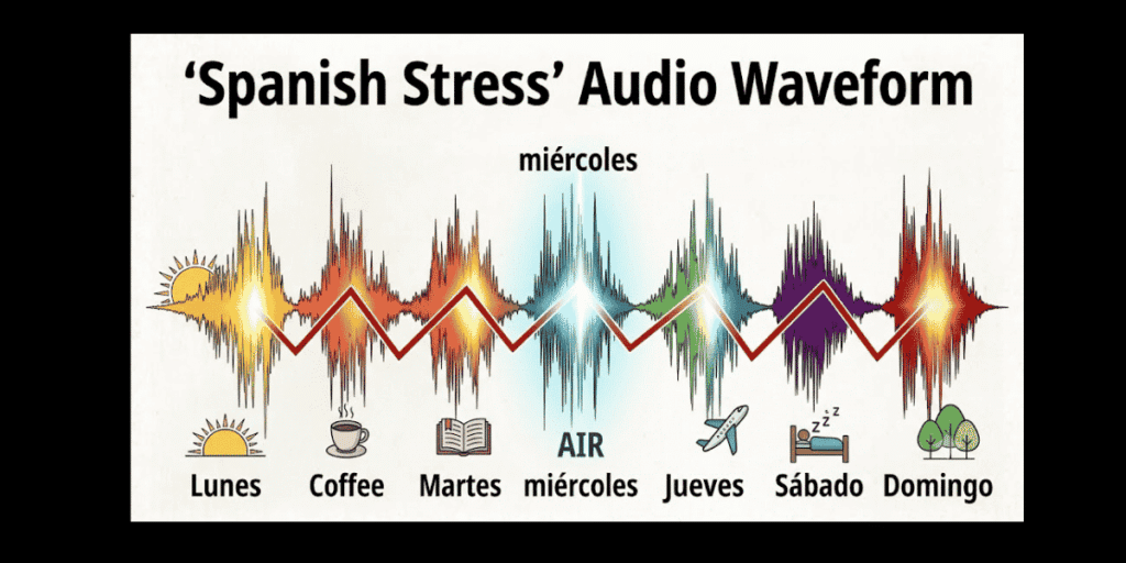 An infographic of abstract audio waveforms. Seven unique sound bursts visualize the Spanish weekdays, using varying colors and focused light glows to precisely highlight the rhythmic stress patterns and phonetic beats of each word.