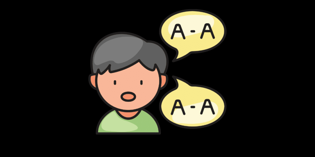 A cartoon icon of a boy's head with two speech bubbles, each showing 'A-A', representing repetitive pronunciation practice