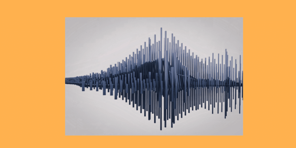 A visualization of an audio sound wave. Numerous thin, metallic blue vertical bars are arranged in a dynamic 3D wave pattern on a light grey background."