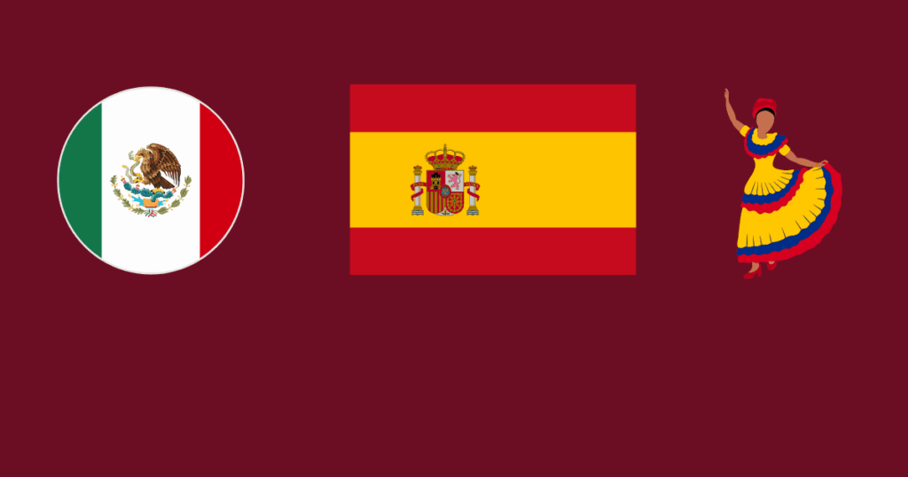 flag of spain, mexico and a woman showing her culture in the image