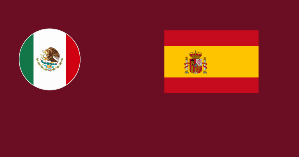 The Mexican flag inside a circle on the left and the Spanish flag in a rectangular shape on the right, displayed on a burgundy background.