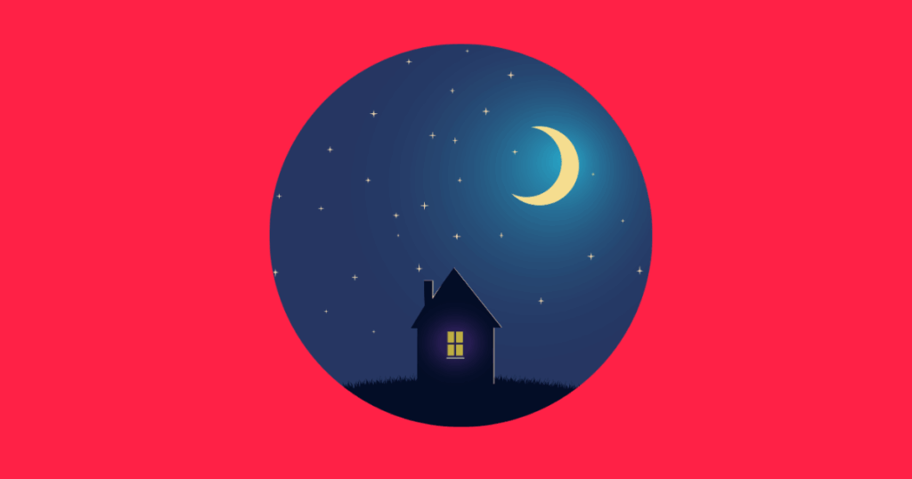 graphic showing a night scene with a small hut and a moon