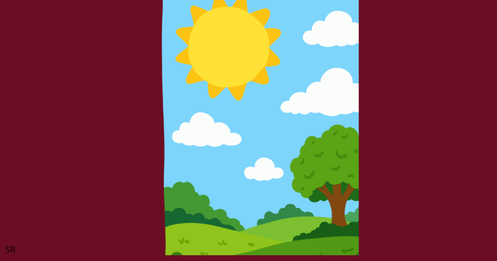 Sunny landscape with trees and clouds.