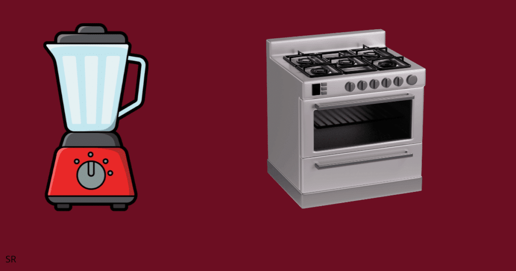 Illustration of a red blender and a silver stove side by side on a dark maroon background.