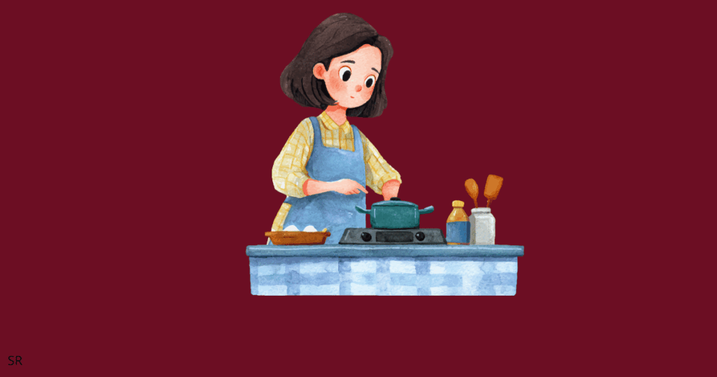 Illustration of a woman cooking at a stovetop with a pot and kitchen utensils on a counter against a dark maroon background.