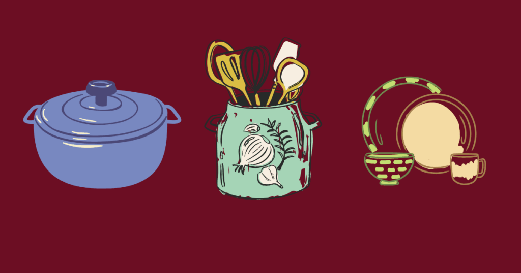 Illustration of a blue cooking pot, a utensil holder with kitchen tools, and a set of plates, bowls, and a mug on a dark maroon background.