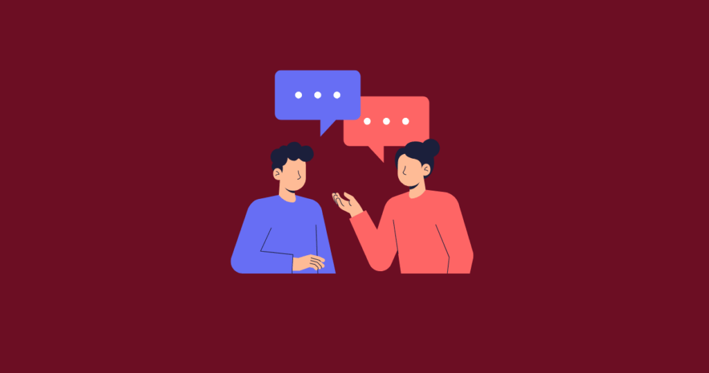"Flat illustration of two people having a conversation with speech bubbles above them on a dark maroon background."