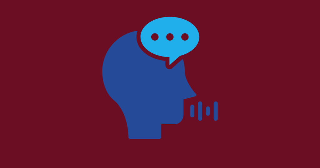 Blue speech and audio communication icon on a dark red background.