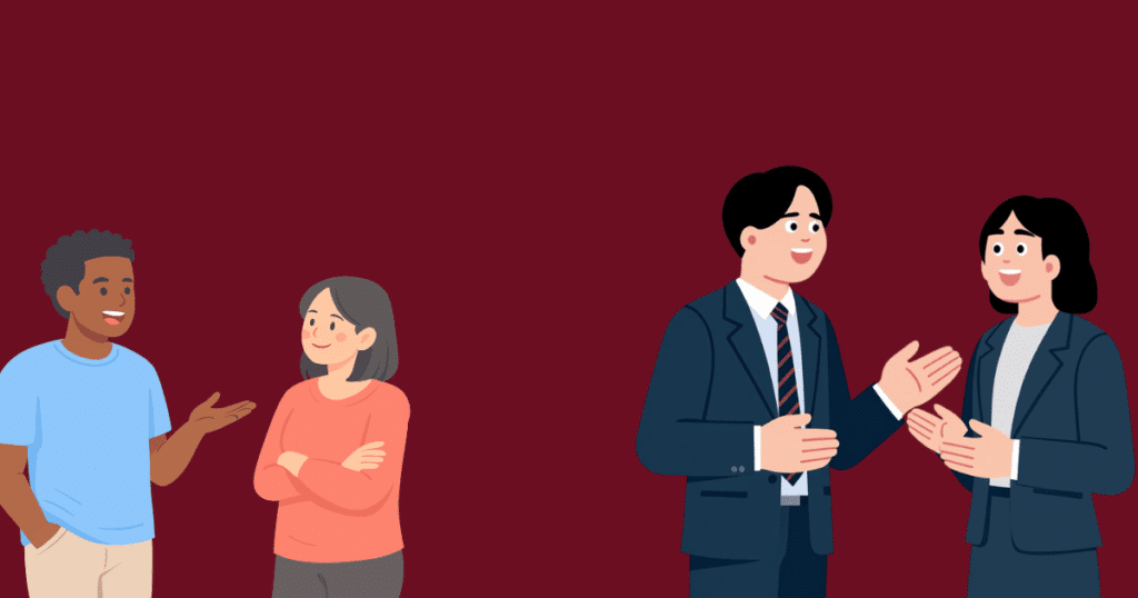Four adults in casual and business attire having conversations against a dark red background.