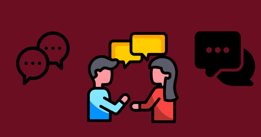 Illustration of two people having a conversation with speech bubble icons on a dark red background.