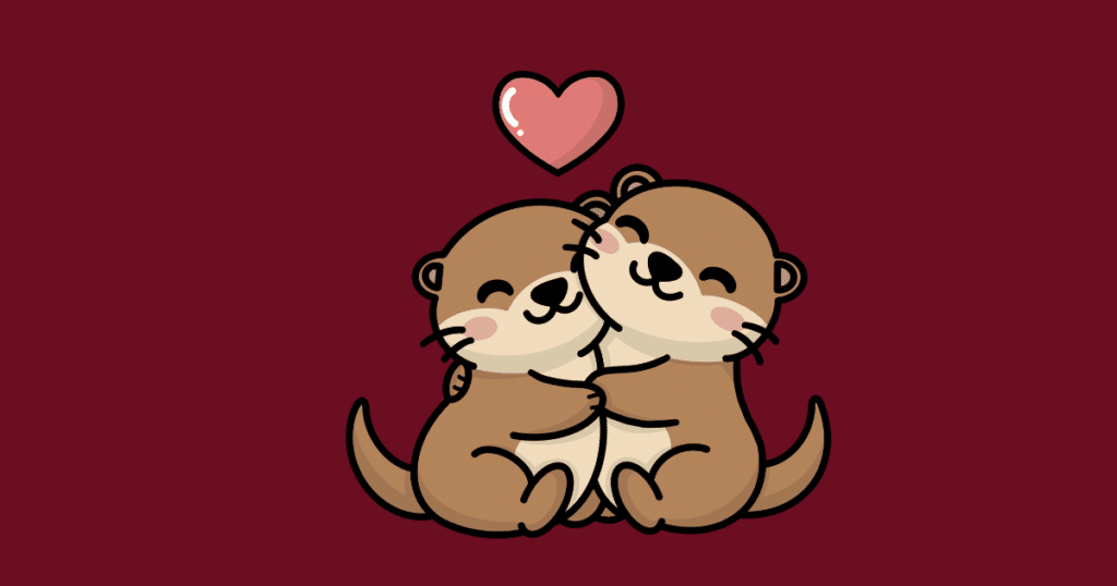 Cute illustration of two hugging otters with a heart above them on a dark red background.