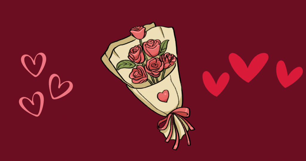Illustration of a bouquet of red roses surrounded by heart icons on a dark red background.