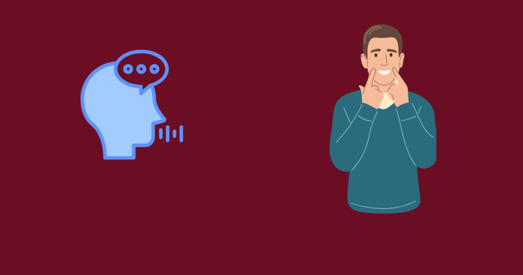 Illustration of a speaking profile icon and a smiling person pointing to their mouth on a dark red background.