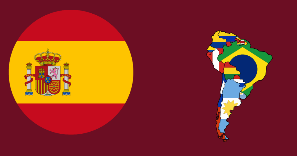 Illustration of the Spanish flag beside a map of South America filled with national flags on a dark red background.