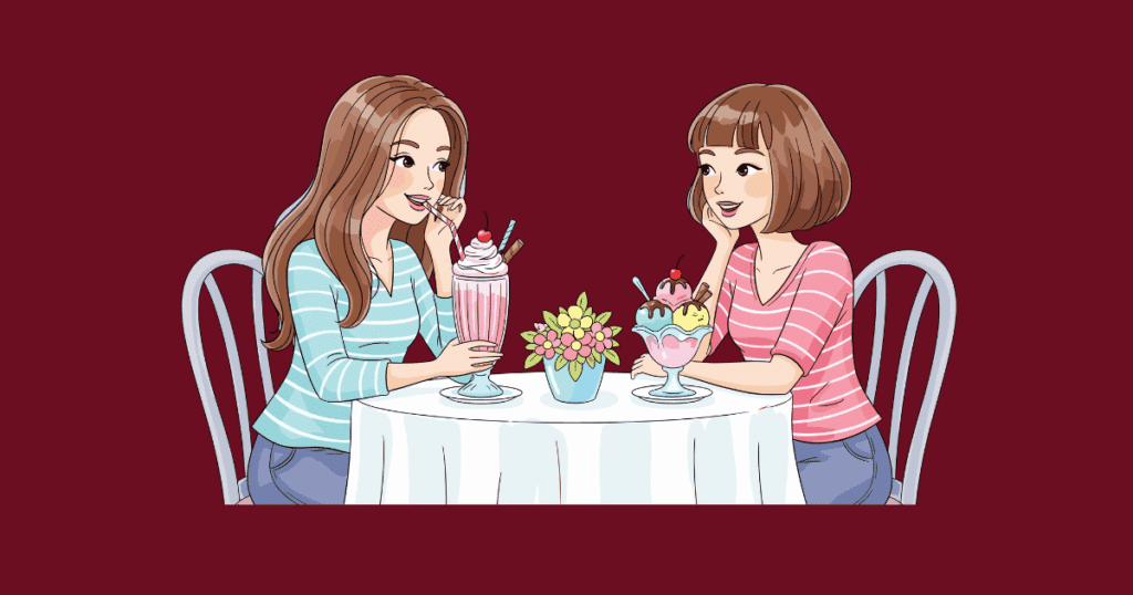 Illustration of two women chatting at a café table with a milkshake, ice cream, and flowers on a dark red background.
