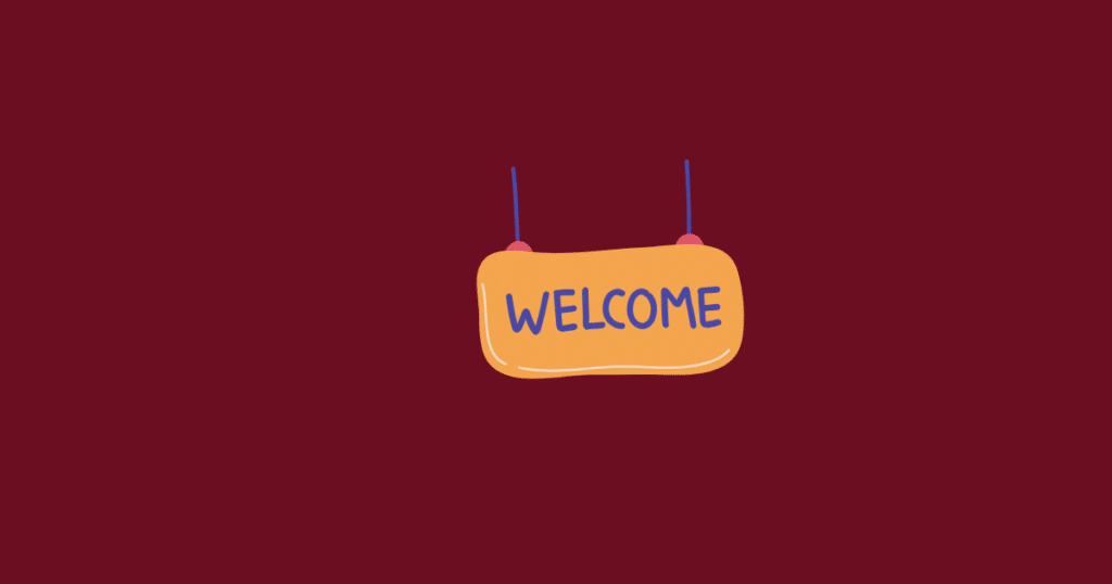 Illustration of a hanging orange “WELCOME” sign on a dark red background.