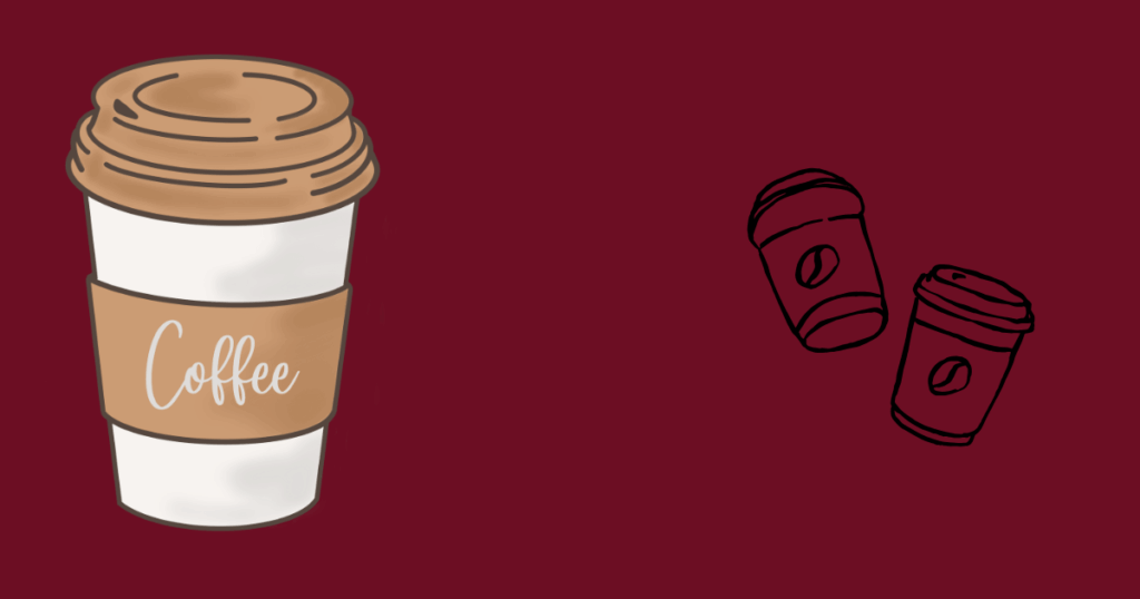 Illustration of takeaway coffee cups on a dark red background.