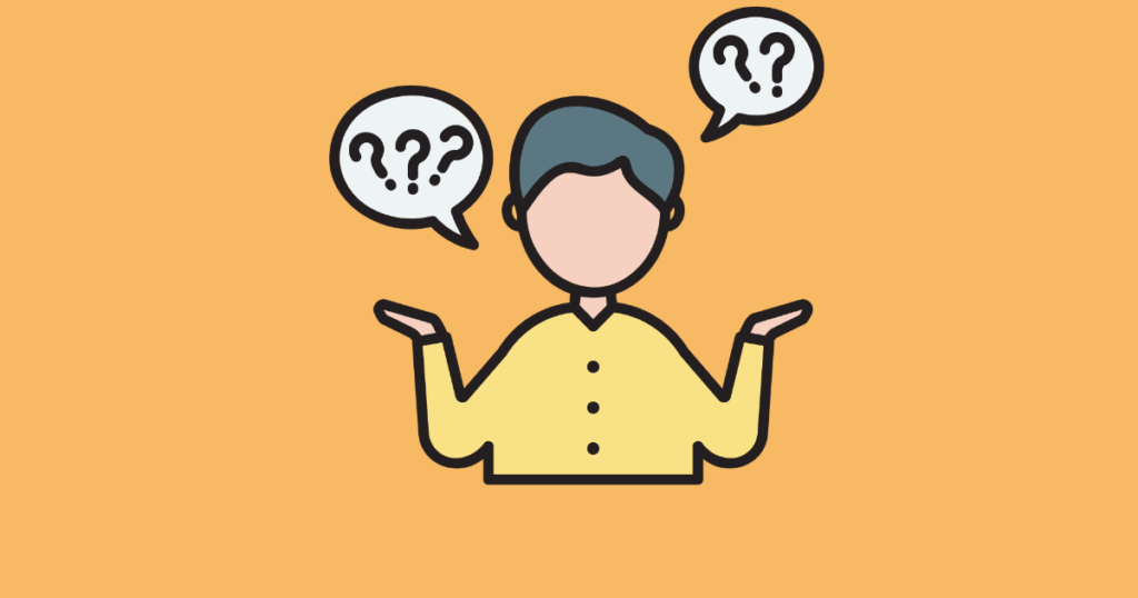 "Illustration of a confused person shrugging with question marks in speech bubbles on an orange background."