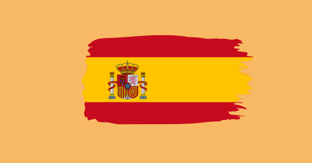 "Brushstroke-style Spanish flag with the national coat of arms, displayed on a light orange background."