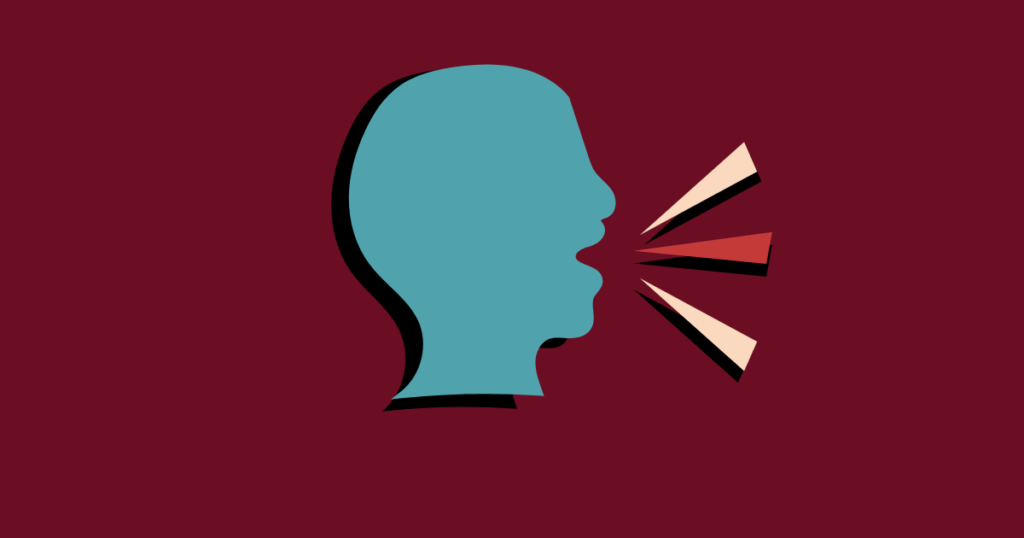 "Illustration of a person’s side profile speaking, with sound waves coming from the mouth on a dark maroon background."