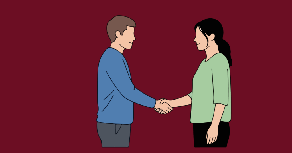 "Illustration of a man and woman shaking hands while facing each other on a dark maroon background."