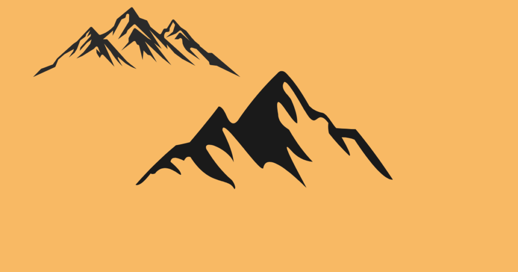 "Black silhouette illustrations of mountain peaks on a light orange background."