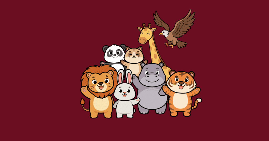 "Cartoon illustration of a group of animals, including a lion, tiger, giraffe, panda, rabbit, hippo, cat, and eagle, on a dark maroon background."