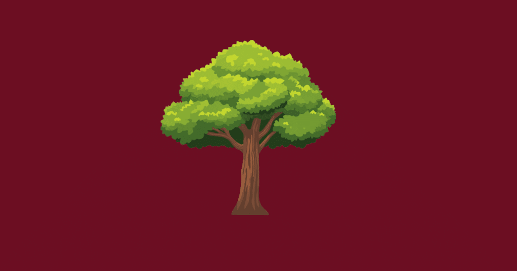 "Illustration of a large green leafy tree with a brown trunk on a dark maroon background."