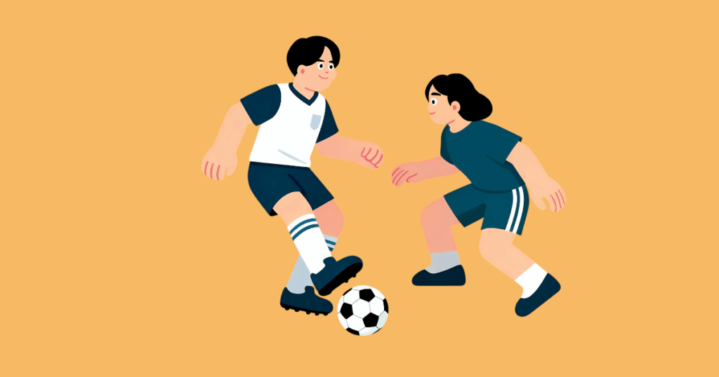 "Illustration of two soccer players competing for the ball on a light orange background."