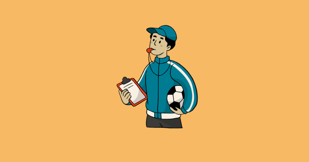 "Illustration of a soccer coach holding a ball and clipboard while blowing a whistle on a light orange background."