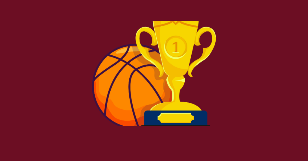 "Illustration of a golden first-place trophy beside a basketball on a dark maroon background."