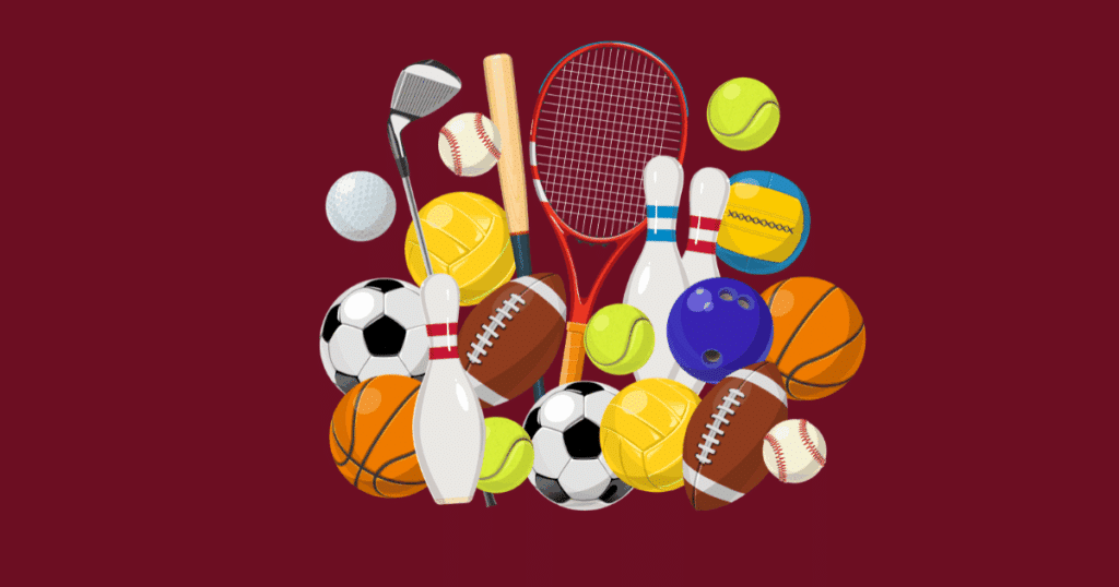 "Illustration of assorted sports equipment, including soccer balls, basketballs, tennis balls, footballs, bowling pins, a tennis racket, golf club, and baseball bat, on a dark maroon background."