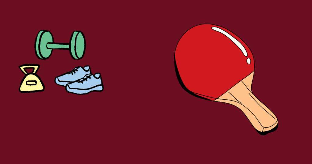 "Illustration of fitness and sports equipment, including a dumbbell, kettlebell, running shoes, and table tennis paddle, on a dark maroon background."