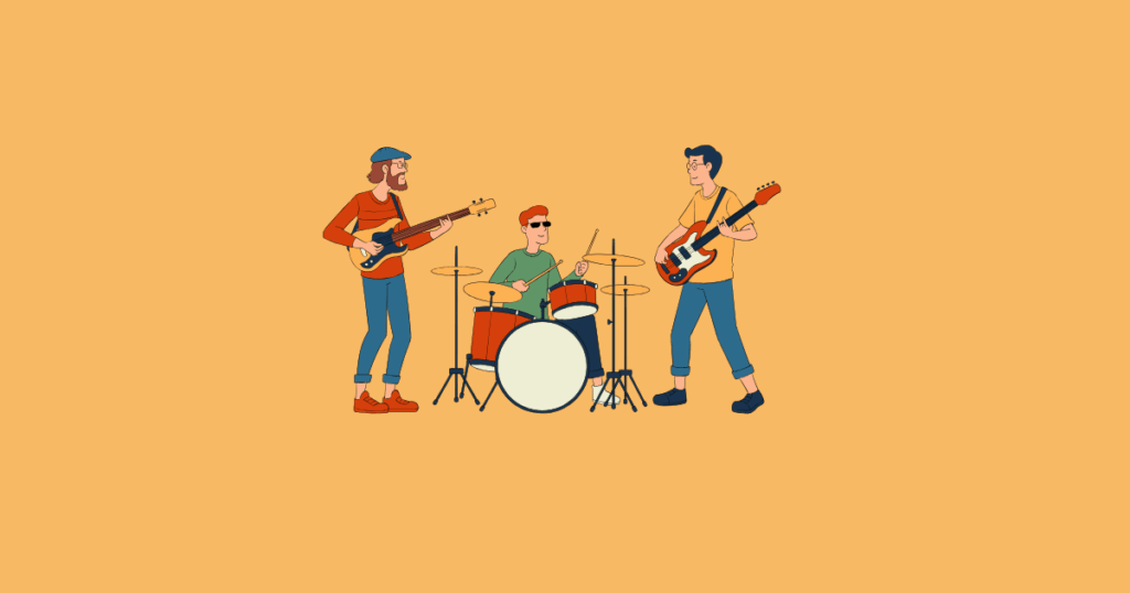 "Illustration of a three-member band performing with two electric guitars and a drum set on a light orange background."