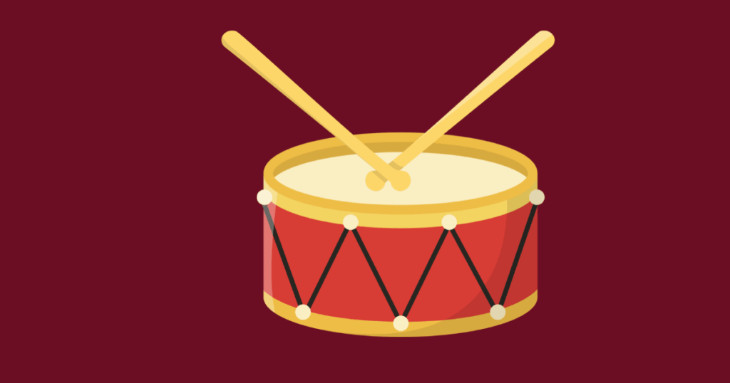 "Illustration of a red drum with two crossed drumsticks on a dark maroon background."