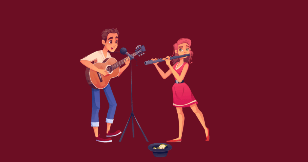 "Illustration of two street musicians performing, with one playing guitar and singing into a microphone while the other plays a flute, on a dark maroon background."