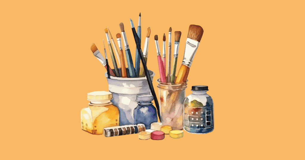 "Watercolor illustration of assorted paintbrushes in jars with paint bottles and watercolor paints on a light orange background."