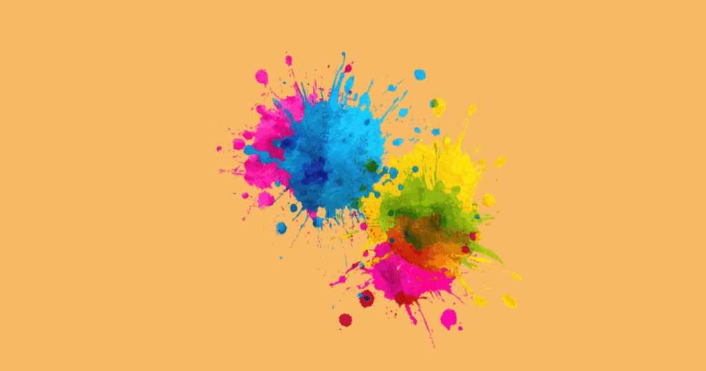 "Colorful splashes of blue, pink, yellow, green, and orange paint on a light orange background."