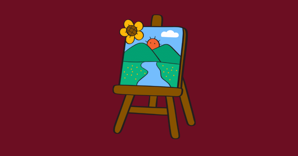 "Illustration of a landscape painting on a wooden easel, showing green hills, a winding river, sun, cloud, and flower, on a dark maroon background."